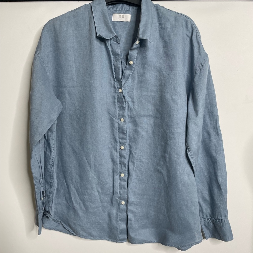 Uniqlo Blue L linen Button down shirt Top blouse long sleeves